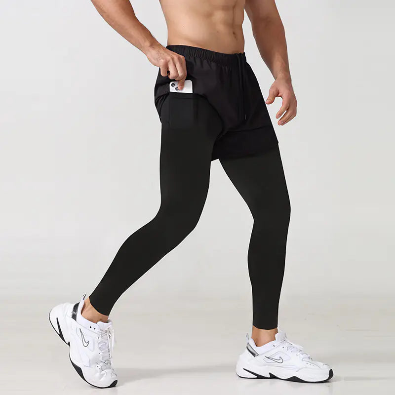 Men's Fake Two Pieces Outdoor Summer Sport Running Training Fitness Elastic Fishing Pants Quick-drying Trousers