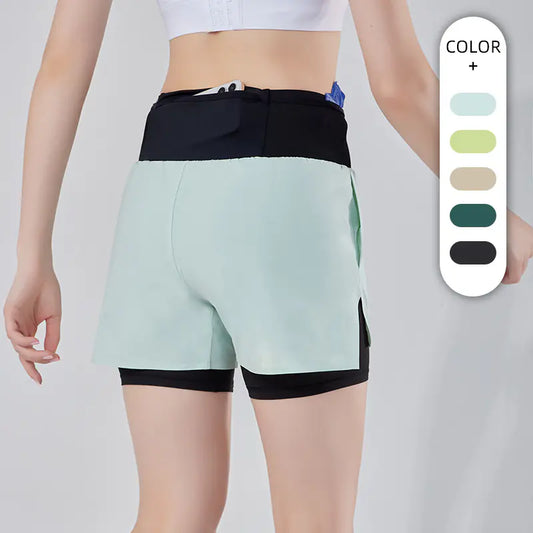 Yoga Shorts Fake Two Piece Three Running Sports Shorts Women's Back Waist Pocket Lining Anti-Shine Pants Marathon