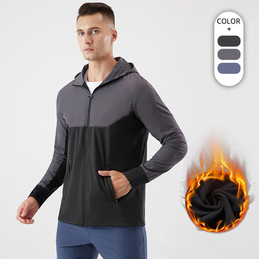 Autumn and winter plus fleece hooded sports jacket men's outdoor fitness running training sweater windproof warm cycling mountaineering clothing